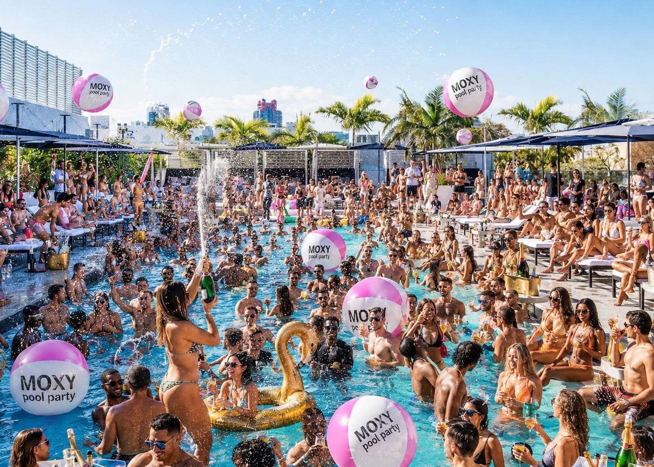 Moxy Pool Party Miami crowd at South Beach pool