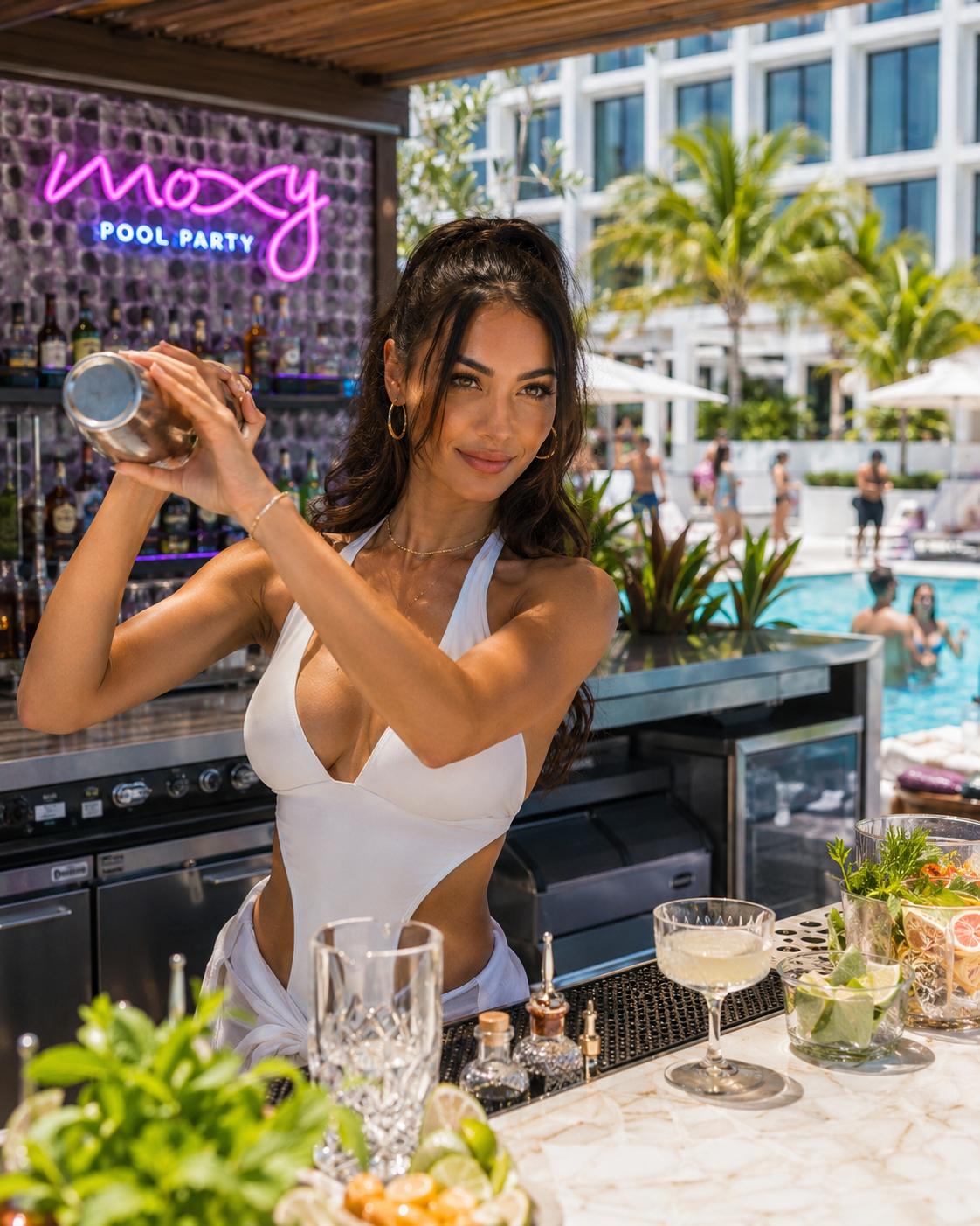 Bartender mixing cocktails at Moxy Pool Party Miami at Moxy Miami South Beach