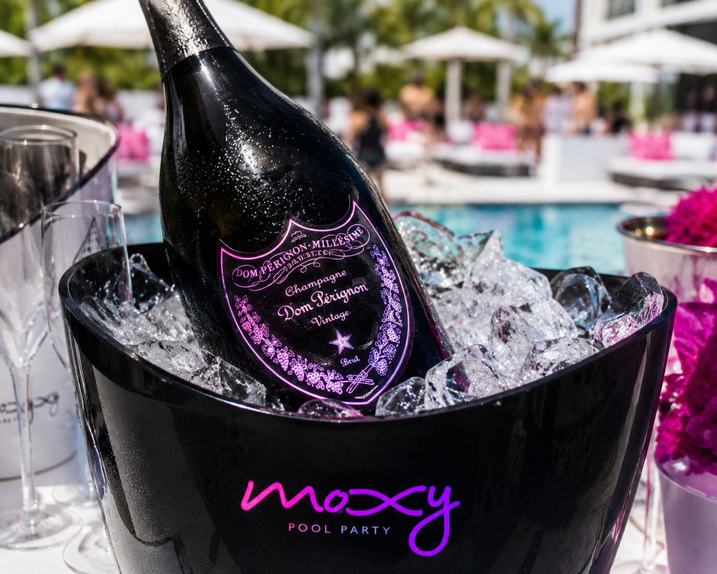 Dom Pérignon bottle service at Moxy Pool Party Miami — South Beach pool party
