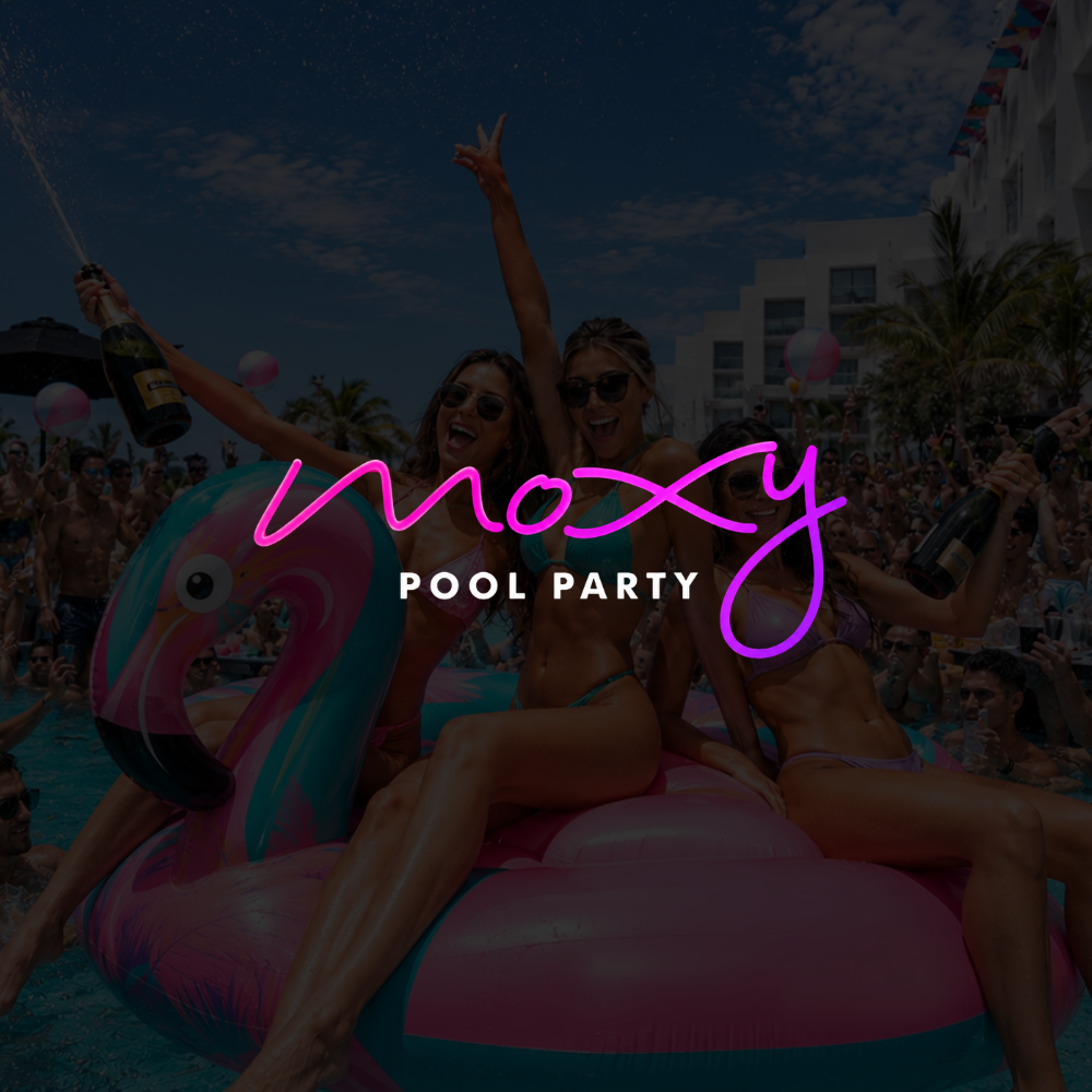 Aerial view of South Beach pool party crowd at Moxy Pool Party Miami