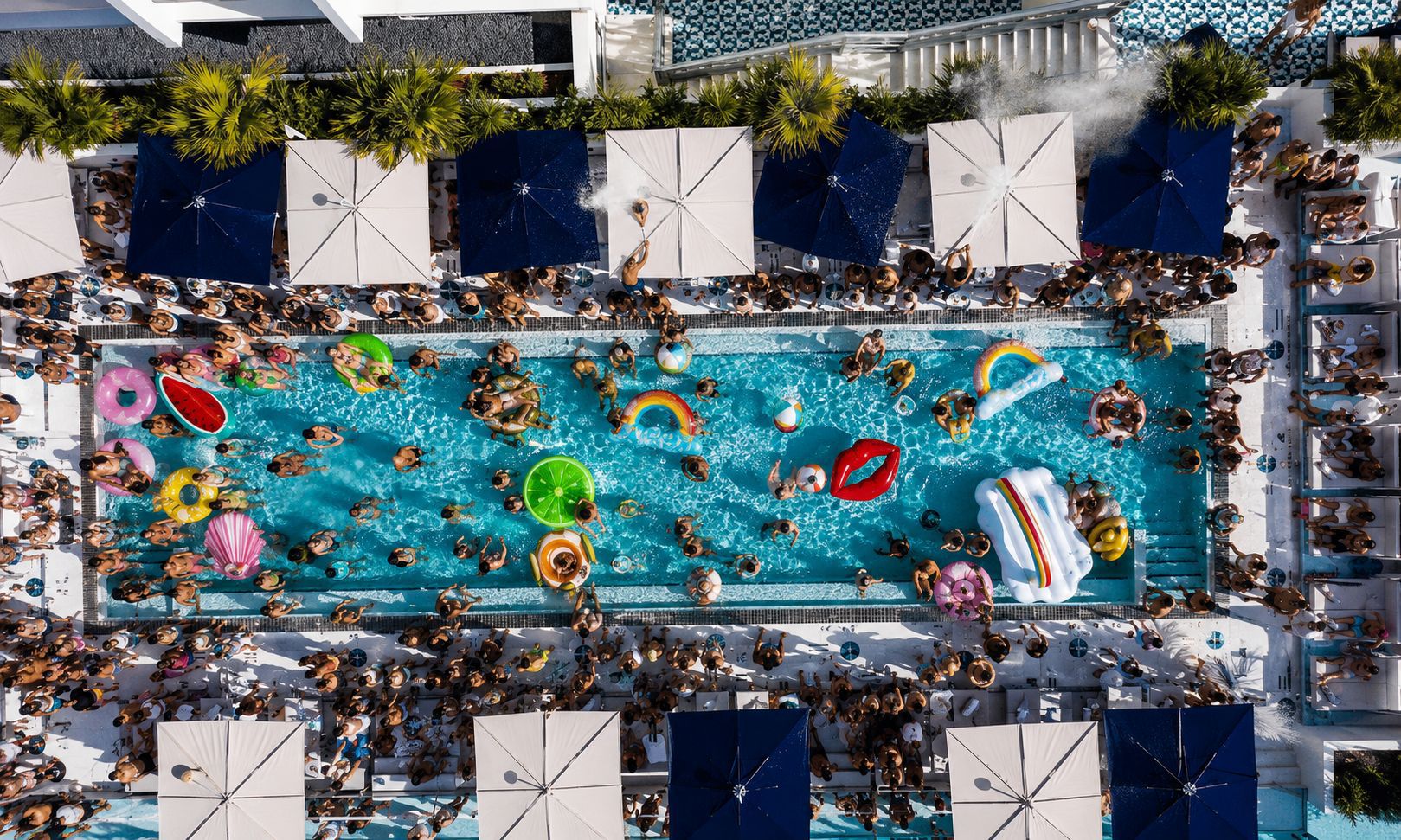 Aerial view of South Beach pool party crowd at Moxy Pool Party Miami