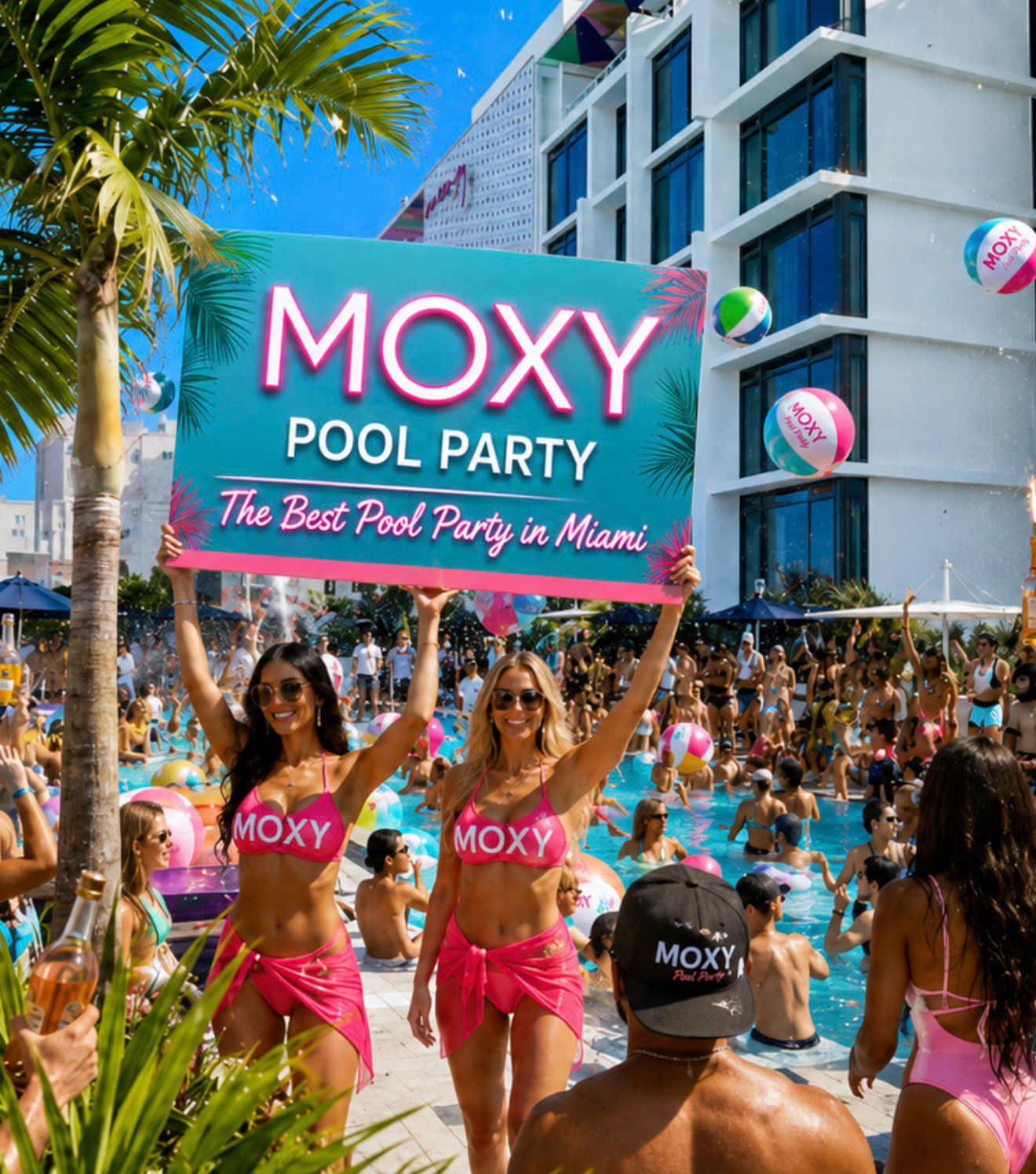 The Best Pool Party in Miami sign at Moxy Miami South Beach